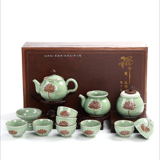 礼品浮雕哥窑8杯配茶叶罐功夫陶瓷茶具