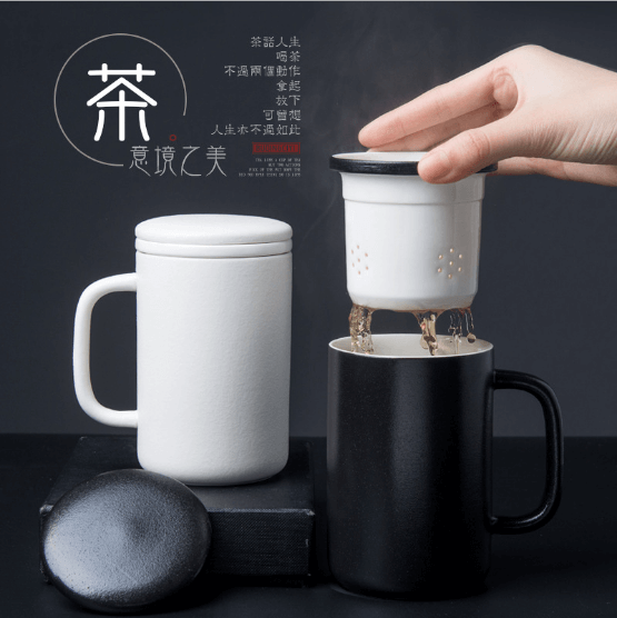 个性陶瓷杯带盖过滤茶水分离茶杯